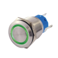 INTERRUTTORE IN METALLO 19mm 3 CONTATTI (N.A.+N.C) ANELLO LED VERDE IP67 250VAC 3A