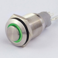 INTERRUTTORE IN METALLO 16 MM. 3 CONTATTI, LED 12 V ANELLO LUMINOSO VERDE IP 67